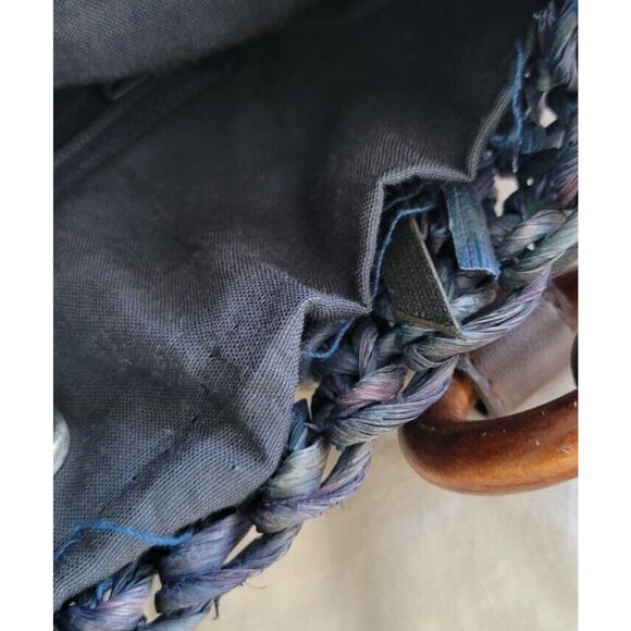 Woven Corn Husk Purse Handbag Tote Beach Straw Blue Tan 14x14 - Picture 9 of 9